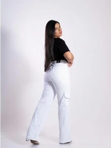 Calça Cargo Branca Jeans Fino Leve Feminina Com Bolsos Laterais Denim