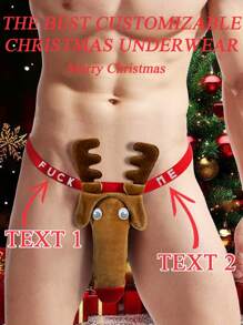 1pc Men's Customized Sexy Underwear Men's Sexy Reindeer Thong Christmas Gift Customization Exclusive Name Valentine's Day Gift - Khaki - View 2