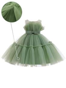 Princess Tulle Dress With Bow Tie, Suitable For Party, Banquet, Birthday, Does Not Include Headband - Green - View 5