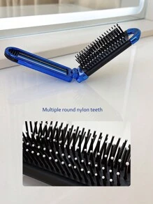 1pc Shiny Electroplated Blue Foldable Comb With Built-In Small Mirror, Compact And Portable For Bag - Blue - View 8