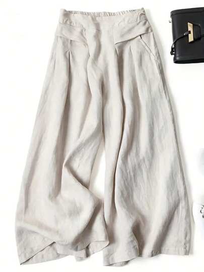 Women Solid Color Casual Front Pocket Decor Wide Leg Pants