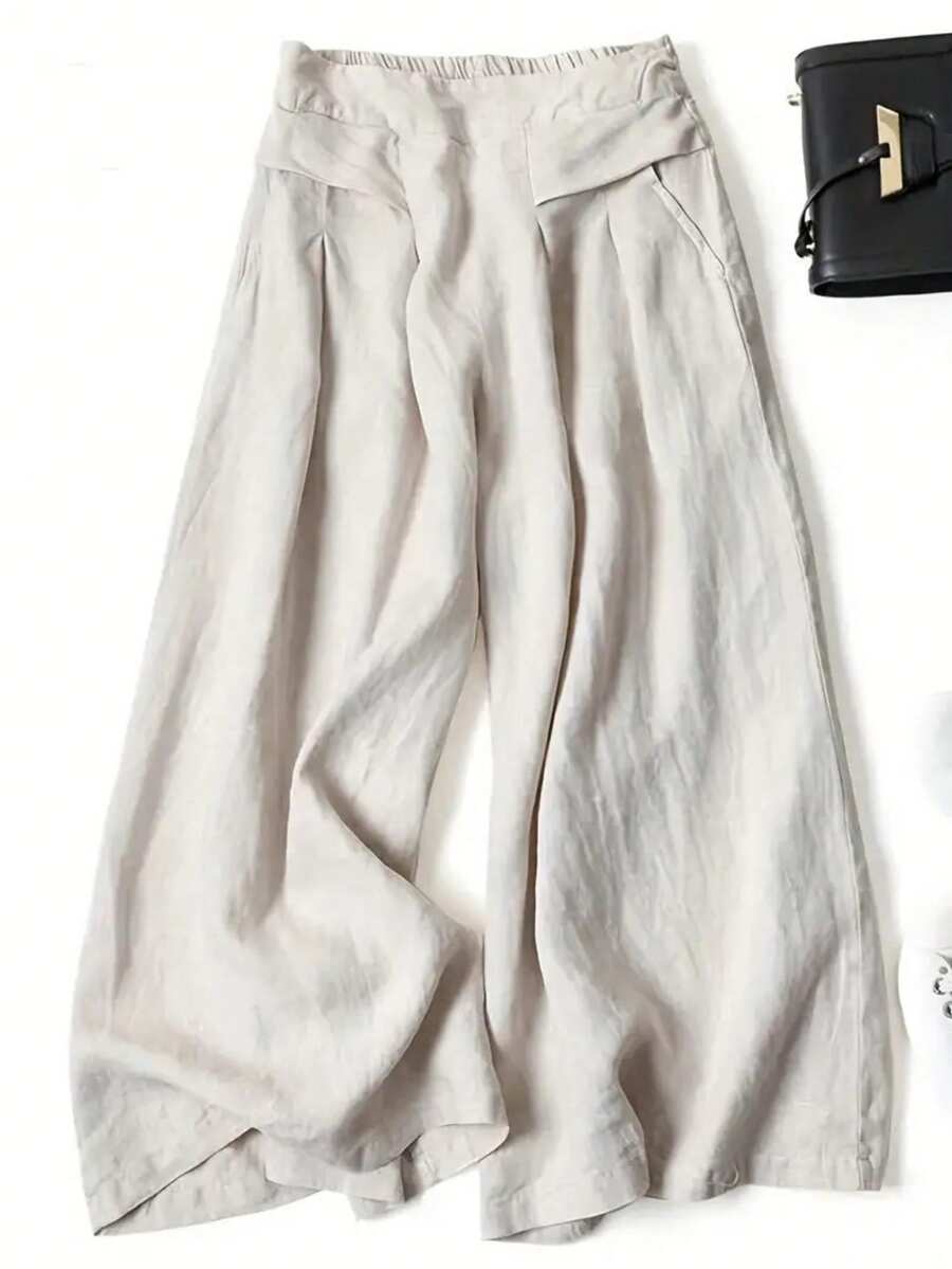 Women Solid Color Casual Front Pocket Decor Wide Leg Pants - Apricot - View 1