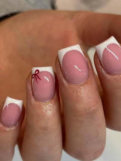 24Pcs Short Square Bow Pattern Design White French Press On Nails Short Perfect Fit Acrylic Fake Nails Set, Include:1Pc Jelly Glue And 1Pc Nail File, French Tip Nails For Women And Girls Daily Life And Party Use Nail Supplies Nails