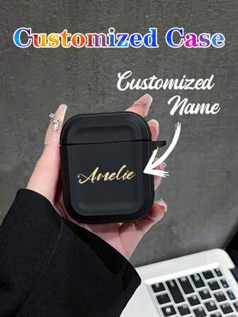 1 pièce Étui de protection pour écouteurs avec nom en anglais personnalisé, couleur noir minimaliste compatible avec AirPods 1/2, AirPods 3, AirPods 4, AirPods Pro