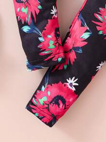 2pcs/Set Young Girl Elegant Ladylike Spring/Autumn Outfit - Solid Ruffle Cuff Round Neck Tie Waist Top And Floral Print Elastic Waist Pants, Comfortable Soft Casual Outdoor Childrenswear, Sweet Personalized Style - 紅色 - 查看 3