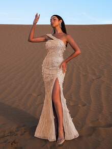 Faeriesty 优雅花卉刺绣开衩珍珠装饰正式晚礼服，适合婚礼和正式场合 - 香檳色 - 查看 3