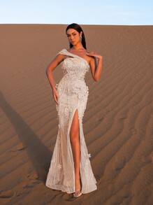 Faeriesty 优雅花卉刺绣开衩珍珠装饰正式晚礼服，适合婚礼和正式场合 - 香檳色 - 查看 5