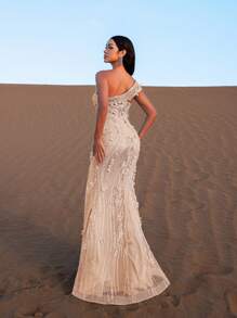 Faeriesty 优雅花卉刺绣开衩珍珠装饰正式晚礼服，适合婚礼和正式场合 - 香檳色 - 查看 2