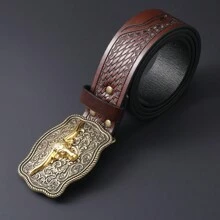 1 Piece Of Men's PU Material Belt, Western Cowboy Retro Belt, Men's Retro Style Imitation Belt, Unique Bull Head Buckle - Fashionable, Ideal Choice For Gift Giving Suitable For Teen Summer Casual Outdoor Athletic Or Vacation Travel Or Graduation Gifts Or Birthday Dress Accessories Or Daily Wear