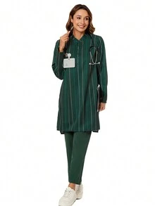 cimmuovere Abaya/Abaya Kaftan/Caftan/Kurta/Ramadan/Eid 寬鬆休閒日常街頭風舒適條紋長袖上衣 3 個口袋 素色長褲 2 個口袋 醫生制服套裝 刷手服 護士刷手服 工作服 醫療保健 寵物醫院 實驗室 - 綠色 - 查看 5