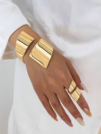1 Set Golden Color Geometric Cuff Bangle Bracelet Chunky Ring Jewelry Set , Matching Bangle Ring , Minimalist Chunky Bangle Ring Set For Women