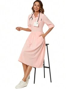 cimmuovere Rearside Draw-Cord Waist Sundress With Pockets, Lab//Nurse/Dental/Clinic/Beauty Salon/Psychologist Scrub Dress - Pink - View 7