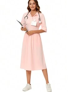 cimmuovere Rearside Draw-Cord Waist Sundress With Pockets, Lab//Nurse/Dental/Clinic/Beauty Salon/Psychologist Scrub Dress - Pink - View 6