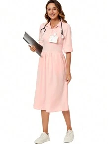 cimmuovere Rearside Draw-Cord Waist Sundress With Pockets, Lab//Nurse/Dental/Clinic/Beauty Salon/Psychologist Scrub Dress - Pink - View 5