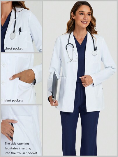 cimmuovere Bata de laboratorio de manga larga con costuras para facilitar la inserción de bolsillos, abrigo blanco de uniforme de enfermera, uniforme de dentista, abrigo con bolsillos para bata de laboratorio de belleza