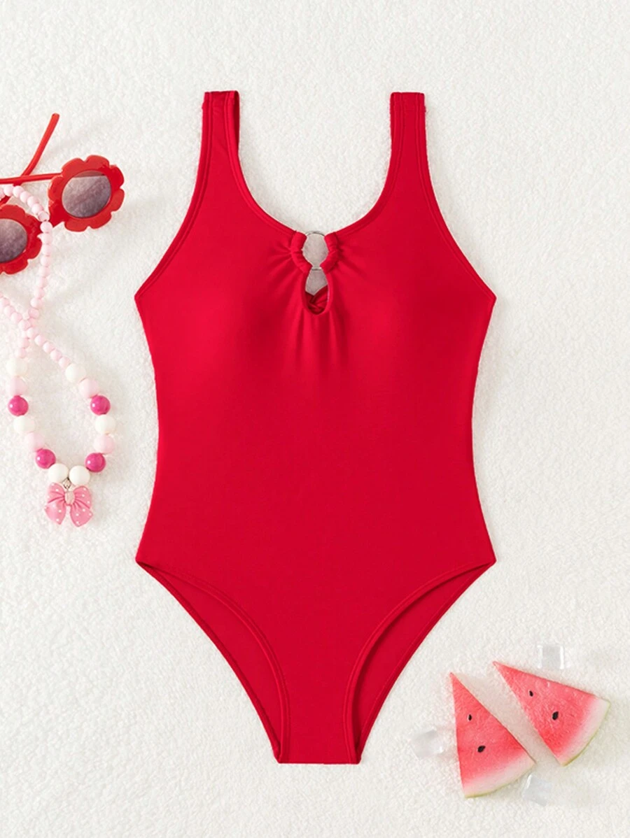 Tween Girl Bright Red One-Piece Swimsuit, Vacation/Beach - Red - View 1