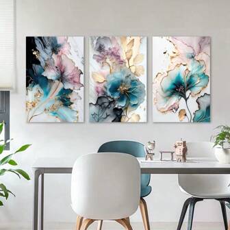 3pcs/Set Modern Botanical Canvas Prints, Abstract Pink Blue Flowers And Leaves, Nordic Simple Plants Painting, Wall Arts, Home Decor For Living Room, Bedroom, Unframed Texture Posters, Home Decor, Wall Painting, No Frame Gifts Birthday Graduation