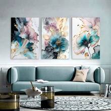 Set de 3 cuadros en lienzo con impresión botánica moderna, flores y hojas abstractas en rosa y azul, pintura de plantas nórdicas sencillas, arte de pared, decoración del hogar para sala de estar, dormitorio, pósteres con textura sin marco - Multicolor - Ver 6