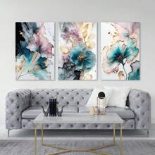 Set de 3 cuadros en lienzo con impresión botánica moderna, flores y hojas abstractas en rosa y azul, pintura de plantas nórdicas sencillas, arte de pared, decoración del hogar para sala de estar, dormitorio, pósteres con textura sin marco - Multicolor - Ver 5