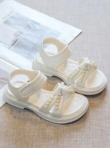 1 Pair Girls Beige Pearl Bowknot Flat Sandals, Versatile & Simple Fairy Style Outdoor Shoes For Children