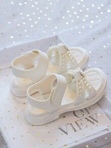 1 Pair Girls Beige Pearl Bowknot Flat Sandals, Versatile & Simple Fairy Style Outdoor Shoes For Children