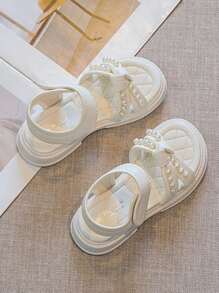 1 Pair Girls Beige Pearl Bowknot Flat Sandals, Versatile & Simple Fairy Style Outdoor Shoes For Children