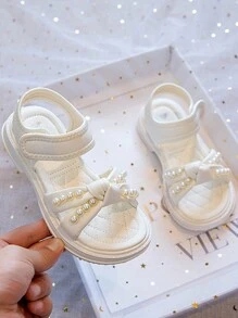 1 Pair Girls Beige Pearl Bowknot Flat Sandals, Versatile & Simple Fairy Style Outdoor Shoes For Children
