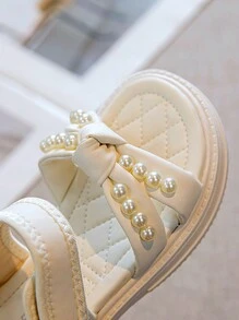 1 Pair Girls Beige Pearl Bowknot Flat Sandals, Versatile & Simple Fairy Style Outdoor Shoes For Children