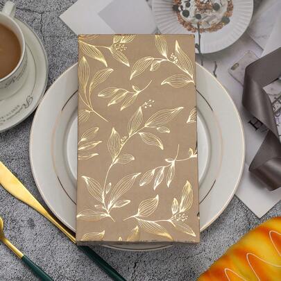 20pcs 2-Ply Golden Leaf & Black Floral Print Napkins, 13x15.75 Inches - Wedding, Birthday, Garden Party Decorative Tissues For Easter, Thanksgiving, Father's Day, Mother's Day