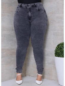 CHC Jeans Black Lead Graffiti Plain Lycra High Waist Skinny Long Women's Plus Size Pants - 深灰色 - 查看 3
