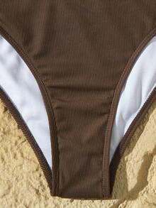 2pcs/Set 2025 Newest Metallic Rib-Knit Bikini Swimwear Set, For Summer Beach Vacation - Brown - View 2