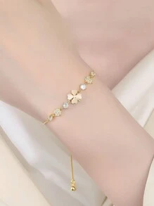 Sterling Silber Katzenauge Stein Herz-förmiger Kleeblatt Armband für Frauen, light Luxury, Nische Blumen Handschmuck, ziehbar und verstellbar Valentinstag