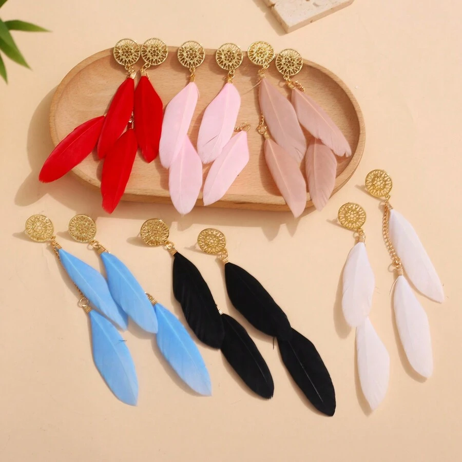 Feather Tassel Design Colorful Beaded Pendant Earrings, Bohemian Style Metal Jewelry Gift For Women