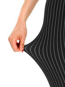 Women's Casual Fashion Leggings, Black Vertical Stripe Printed, Soft & Comfortable High Stretch Fleece Inner Skinny Pants For Sportswear, Yoga, Fitness, Home, Outdoor Activities, Spring/Summer