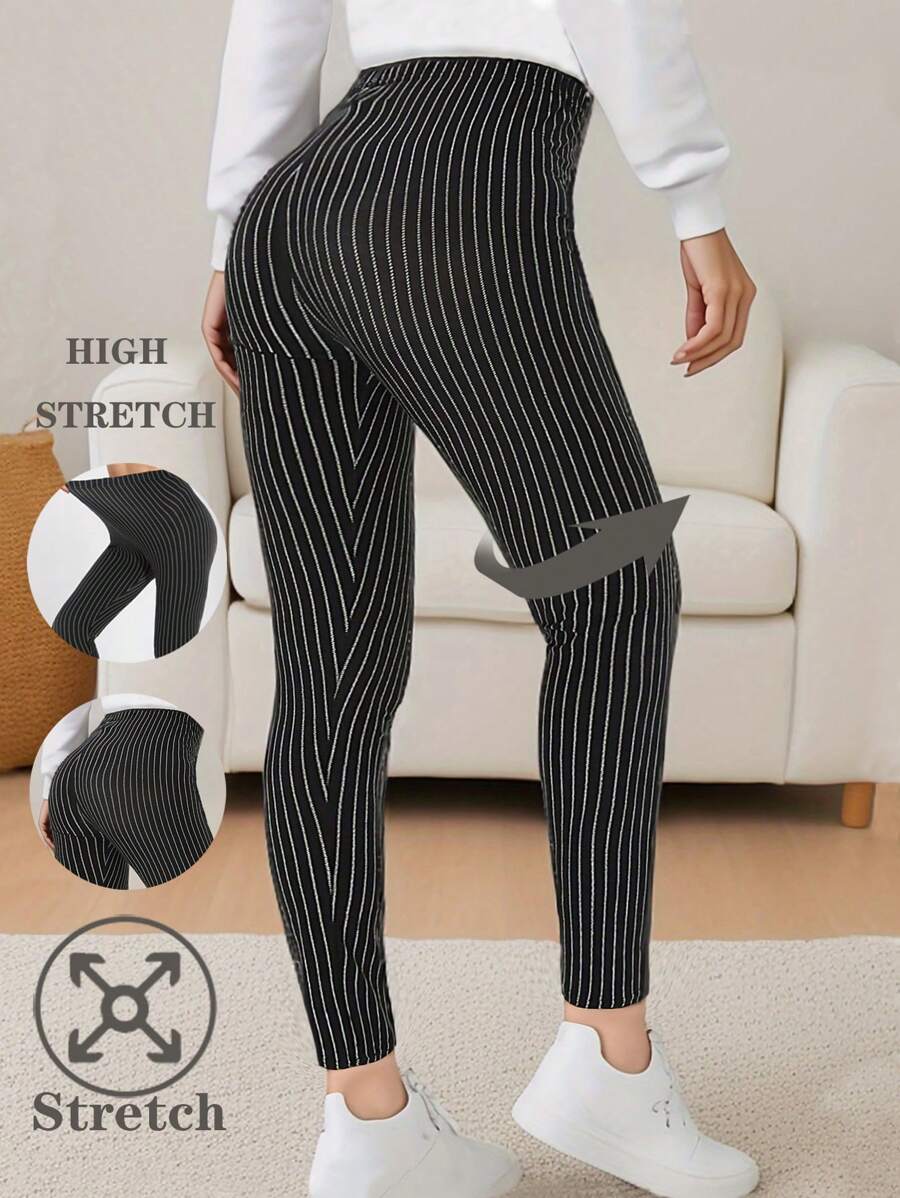 Women's Casual Fashion Leggings, Black Vertical Stripe Printed, Soft & Comfortable High Stretch Fleece Inner Skinny Pants For Sportswear, Yoga, Fitness, Home, Outdoor Activities, Spring/Summer