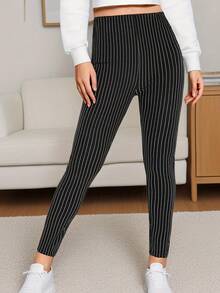 Women's Casual Fashion Leggings, Black Vertical Stripe Printed, Soft & Comfortable High Stretch Fleece Inner Skinny Pants For Sportswear, Yoga, Fitness, Home, Outdoor Activities, Spring/Summer