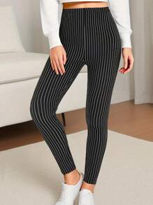 Women's Casual Fashion Leggings, Black Vertical Stripe Printed, Soft & Comfortable High Stretch Fleece Inner Skinny Pants For Sportswear, Yoga, Fitness, Home, Outdoor Activities, Spring/Summer