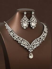 3 件套女士新娘银项链和耳环首饰套装，优雅婚礼派对配饰 - 銀色 - 查看 3