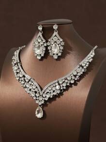 3 件套女士新娘银项链和耳环首饰套装，优雅婚礼派对配饰 - 銀色 - 查看 2