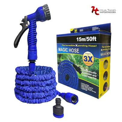 HuaTang Multicolor Manguera de Jardín 30m Expandible 3X de su tamaño original, Manguera de Retracción para riego de jardines, plantas, baño de mascotas, lavado de automóviles. Manguera Expandible 30m/100 ft con Boquilla Rociadora de Multifunción de 7 distintos tipos de riego y aspersión para tu jardín. Color Sorpresa (Azul y Verde)