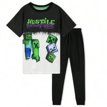 Minecraft Pyjama Set Lounge Wear Long Top T-Shirt And Bottoms PJ 5-14 Years Gift - Black - View 1