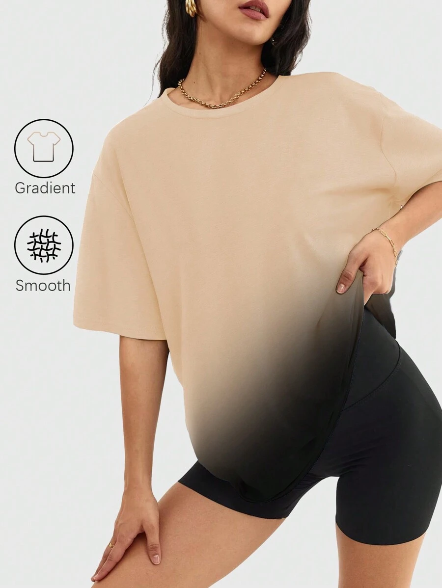 Speed mate 女士渐变色圆领短袖T恤，休闲宽松版型上衣，春夏款 - 卡其色 - 查看 1