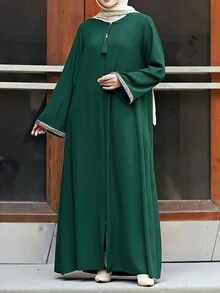 Women's Casual Solid Color Loose Fit Round Neck Zipper Robe, Dignified Long Robe Eid Spring - Dark Green - View 6