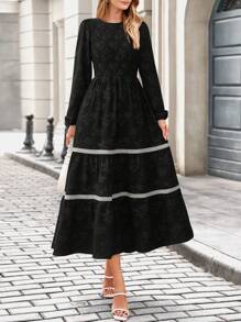 Ladies Spring MIDI Elegant Floral Long Sleeve Ruffled Bohemian Style Wedding New Year's Party Long Flowing Dress - Black - View 5