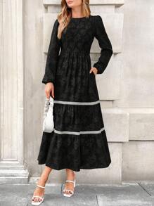 Ladies Spring MIDI Elegant Floral Long Sleeve Ruffled Bohemian Style Wedding New Year's Party Long Flowing Dress - Black - View 2