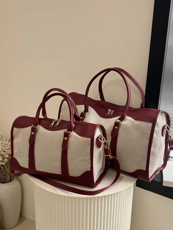 1pc Canvas Contrast Color Patchwork Fashion Duffle Bag,UnisexTravel Luggage,SuitableForOvernightS Tay, Commuting,Short-Distance Travel(Small Size Fo R Commuting,Large Size For Short-Trip)