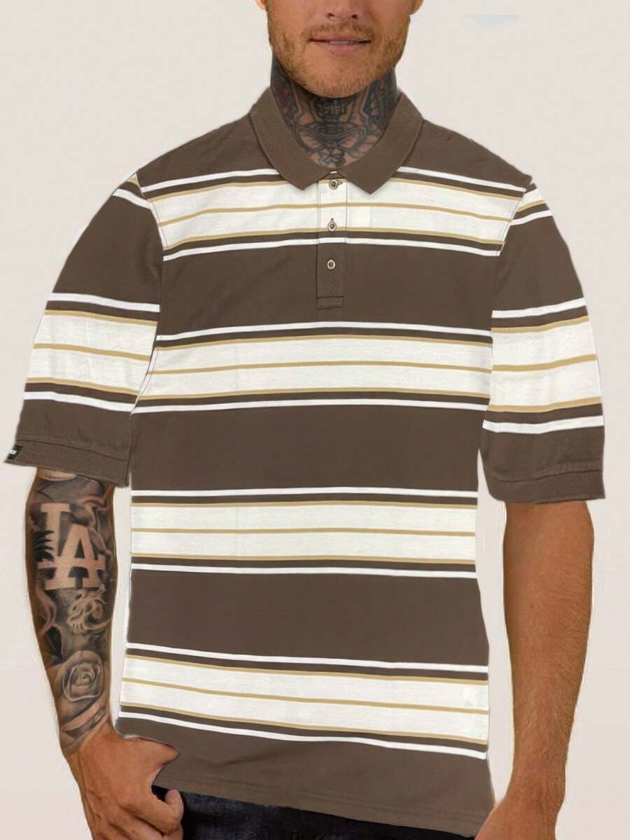 Old School Striped Pique Polo Shirt - Brown - View 1
