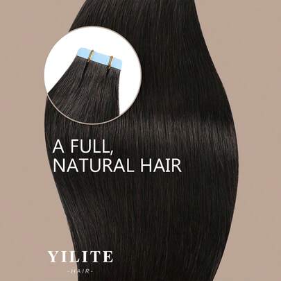 Yilite 20 piezas/paquete Extensiones de cabello humano Remy negro de 12-24 pulgadas, cinta adhesiva de doble cara, 50g, 1B negro natural, extensiones de cabello con cinta invisible sin costuras, cabello liso