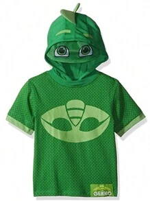 Boys Gekko And Catboy Hoodie Sweatshirt With Mesh Mask - Green Short Sleeve - View 1