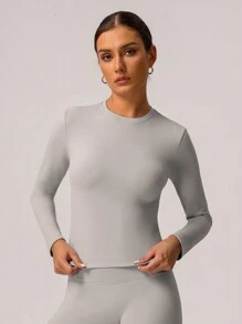 Áo thun thể thao chạy bộ tay dài thường ngày màu trơn dành cho nữ mùa xuân và mùa hè GOSOUER - Xám - Xem 6